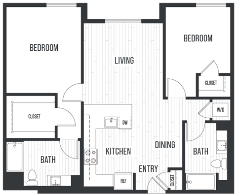 Floor plan 2C. Two bedroom, two bath at Sixth & Jackson Apartments in Japantown, San Jose.